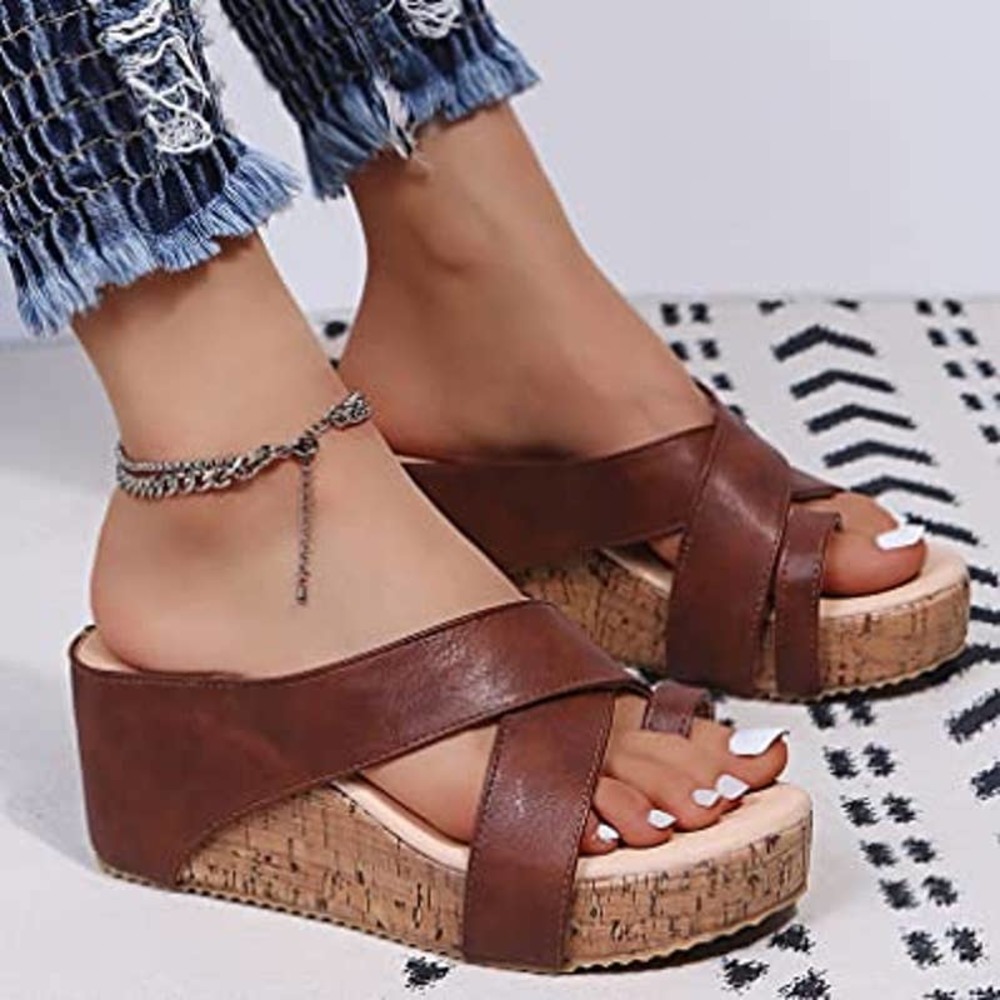 ROSY Platform Wedge Heel-Toe Wrap-Sandal - Brown -Women Size 8 *NEW